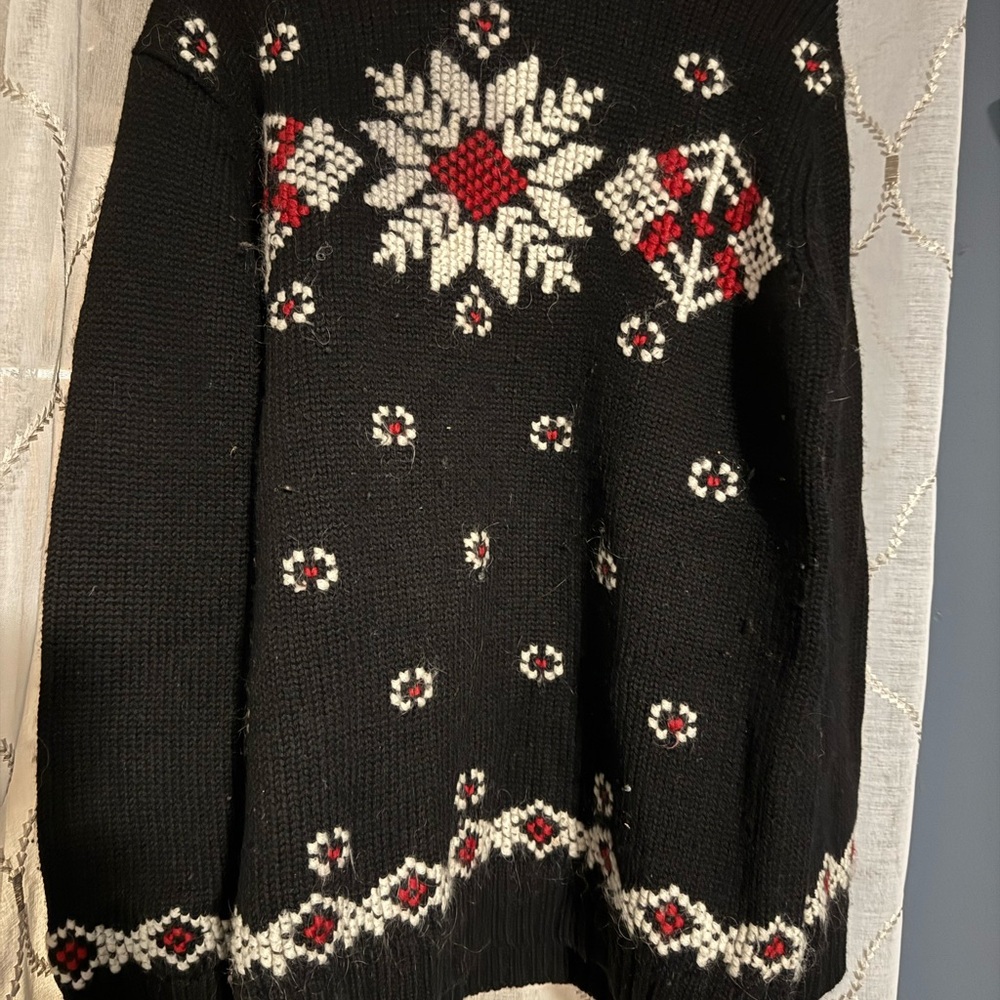 Jones New York Black Sweater with Red and White Snowflake Pattern